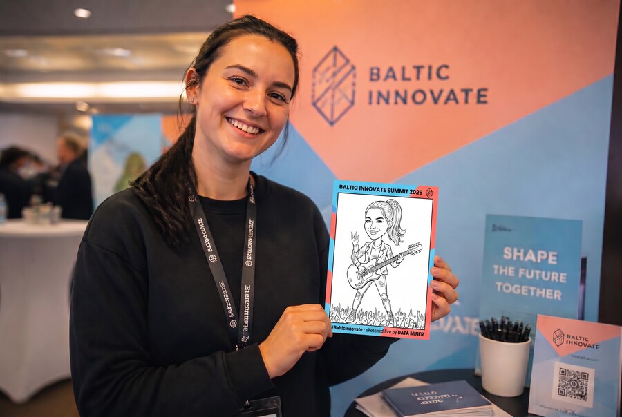 Young woman proudly holding her rock star caricature drawn by the robot